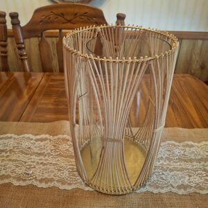 Anthropologie Tan Hand Woven Candle Latern Featuring A Removable Glass Cup